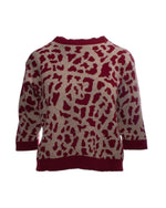 Bluza din tricot gros cu imprimeu animal print în nuanțe de bej și bordo, vedere frontală.