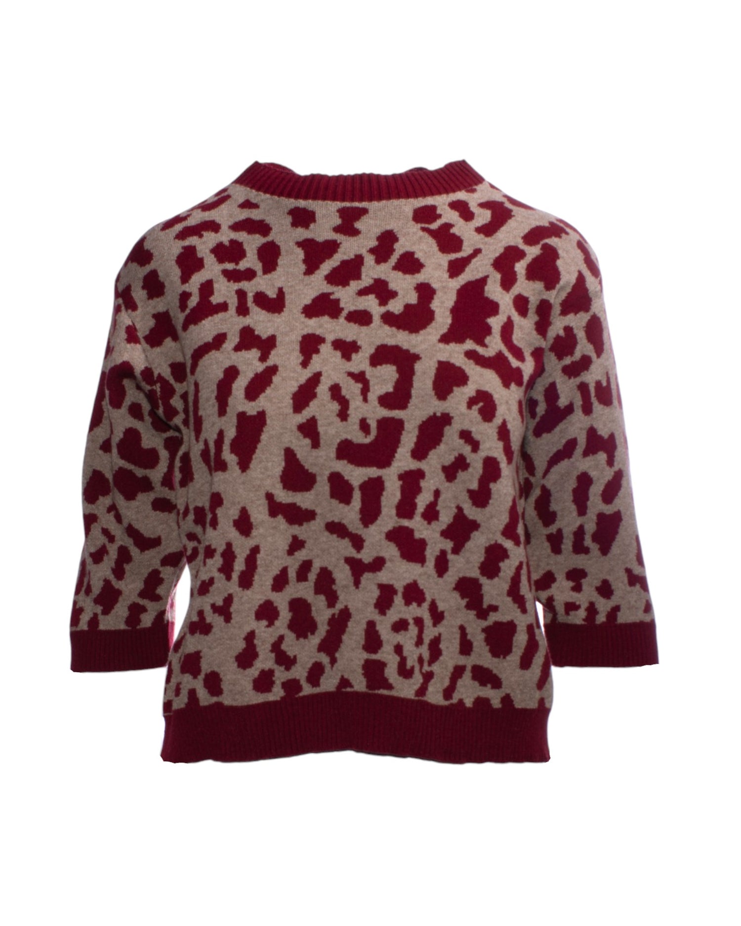 Bluza din tricot gros cu imprimeu animal print în nuanțe de bej și bordo, vedere frontală.
