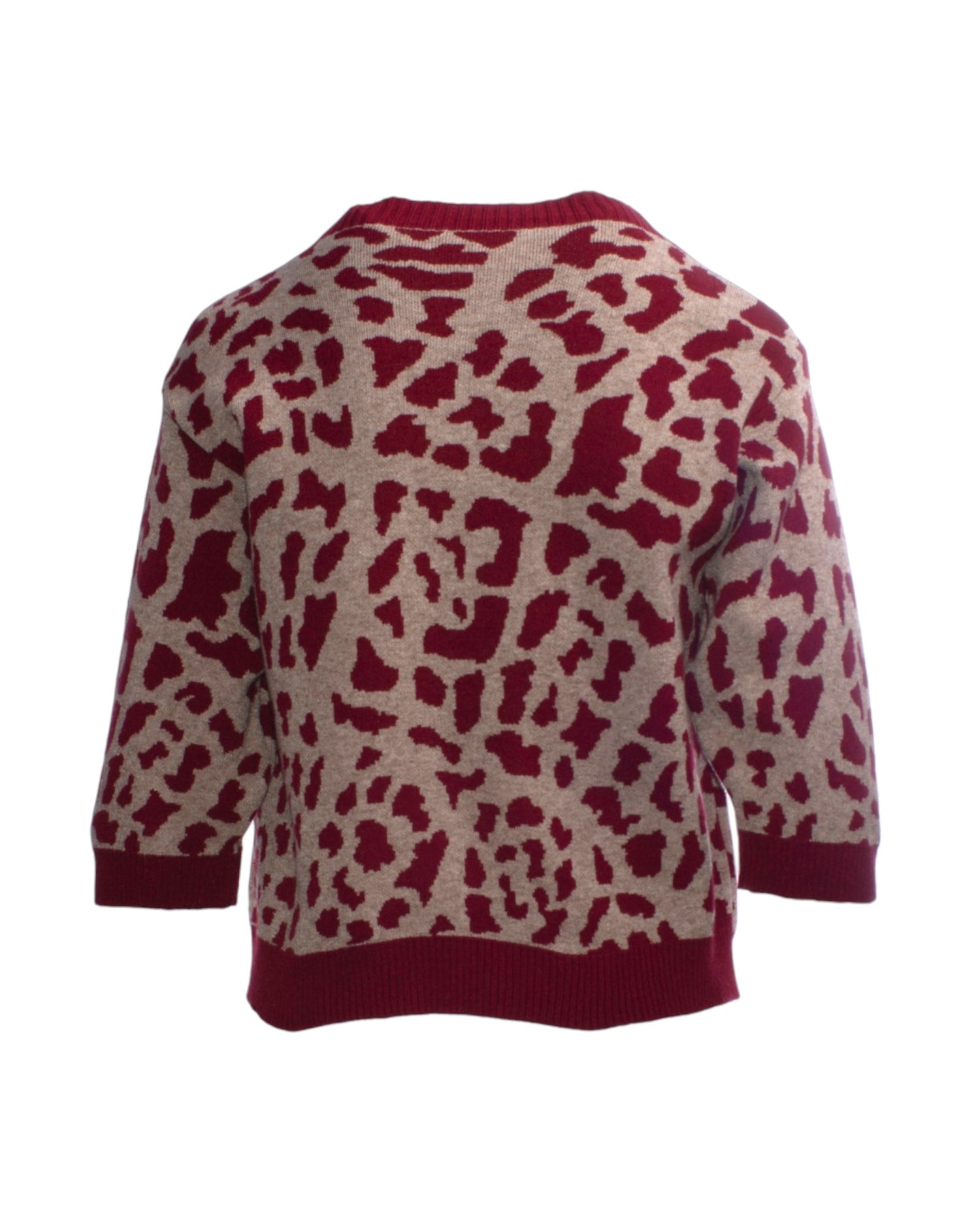 Bluza din tricot gros cu imprimeu animal print, spate bordo, tivuri elastice la mâneci și bază.