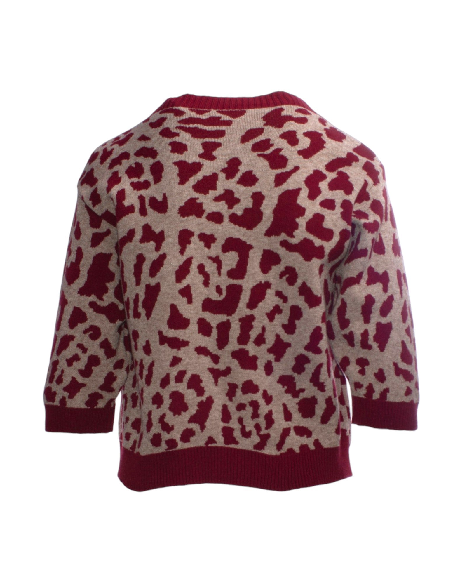 Bluza din tricot gros cu imprimeu animal print, spate bordo, tivuri elastice la mâneci și bază.