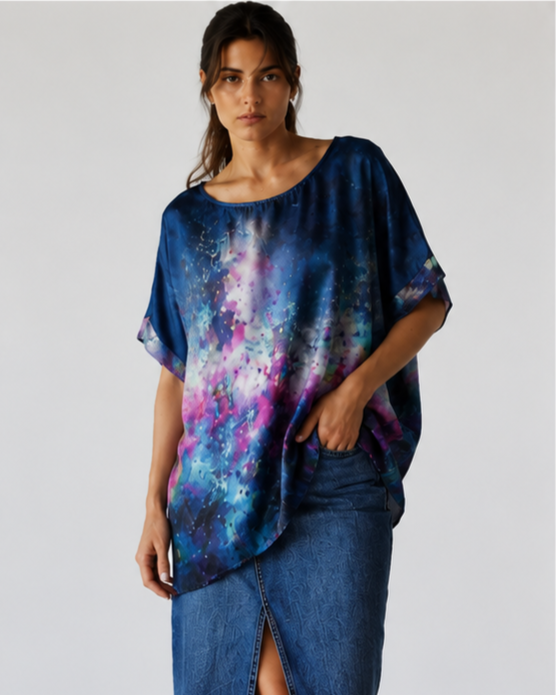 Detaliu imprimeu pictural pe bluza bleumarin cu 50% mătase. All Above Boutique.