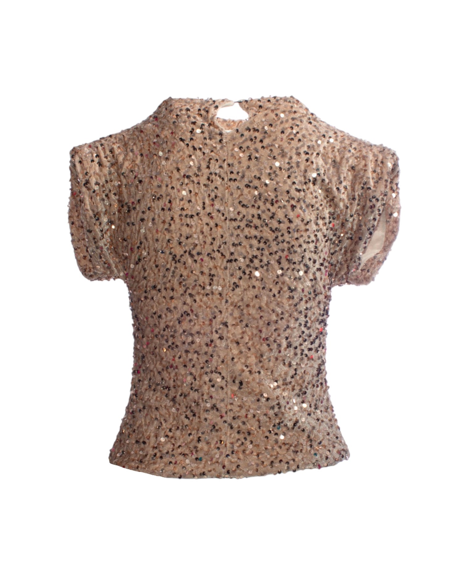 Bluza de culoare bej cu paiete, vedere din spate, detaliu pe spatele despicat.