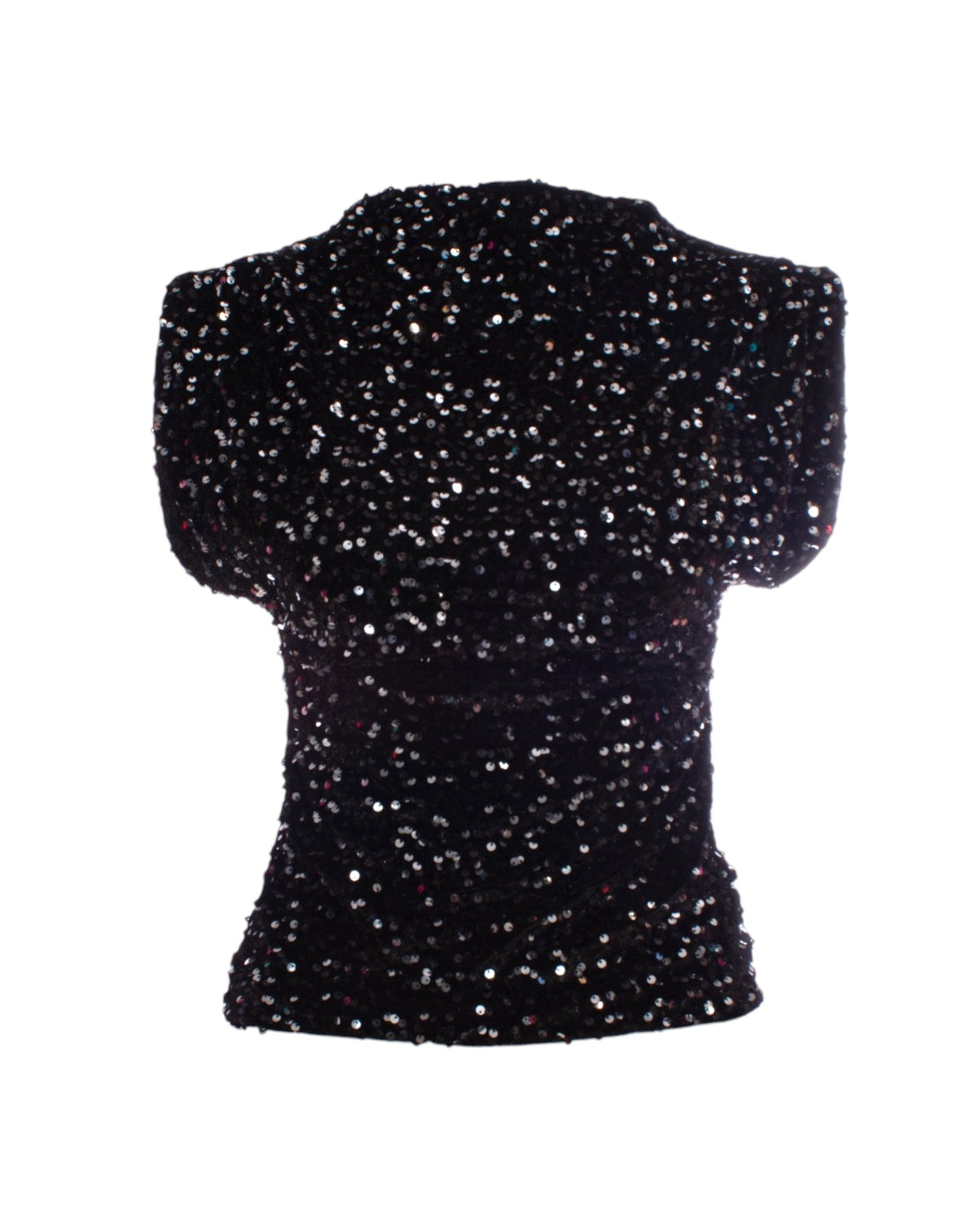 Bluza neagră cu paiete, vedere din față, detaliu strălucitor.