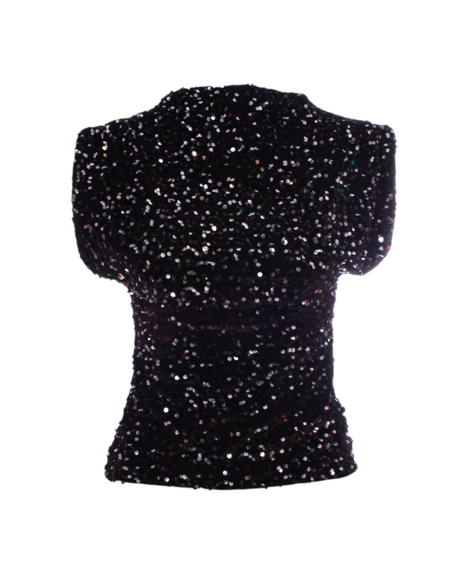 Bluza neagră cu paiete, vedere din față, detaliu strălucitor.