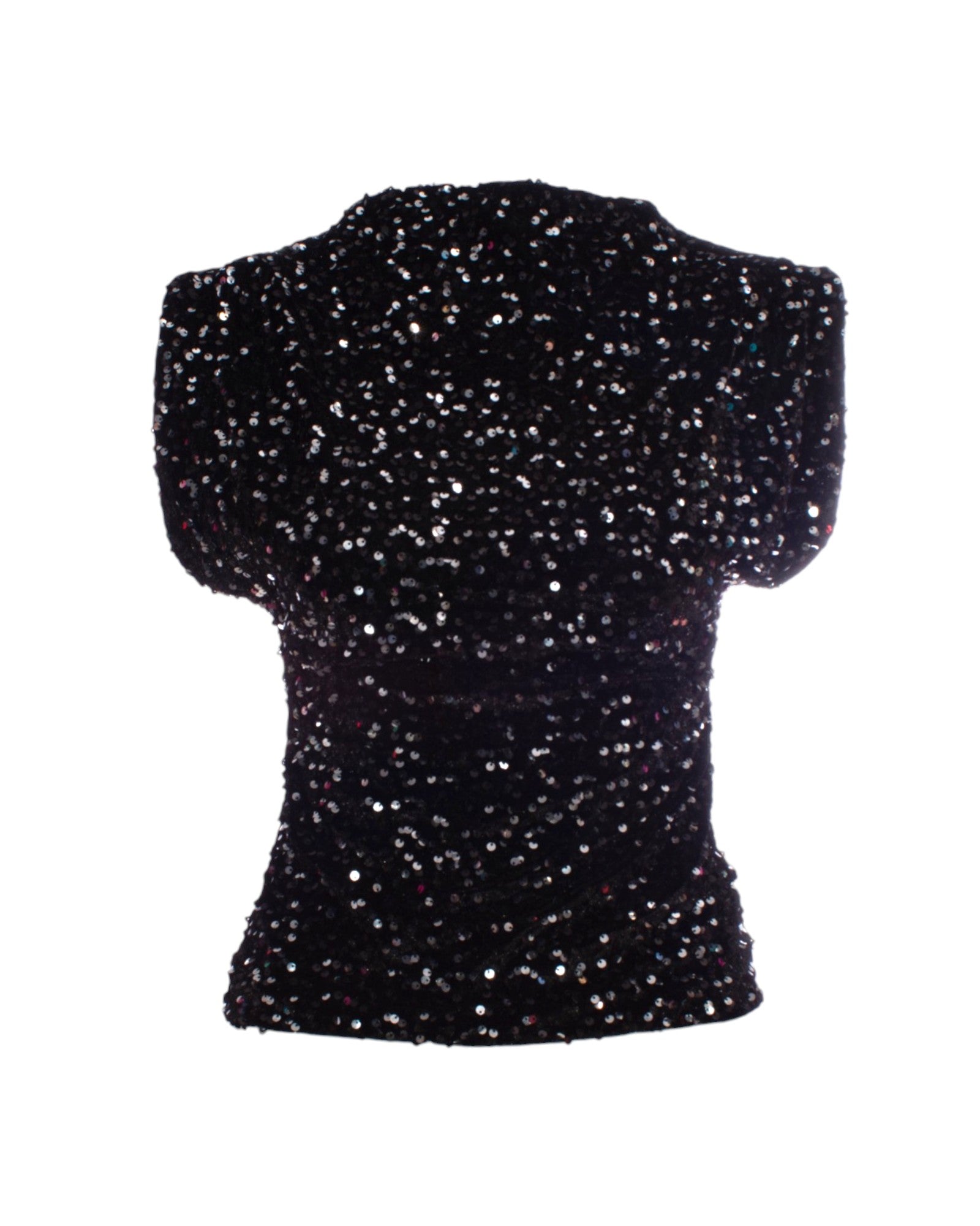 Bluza neagră cu paiete, vedere din față, detaliu strălucitor.