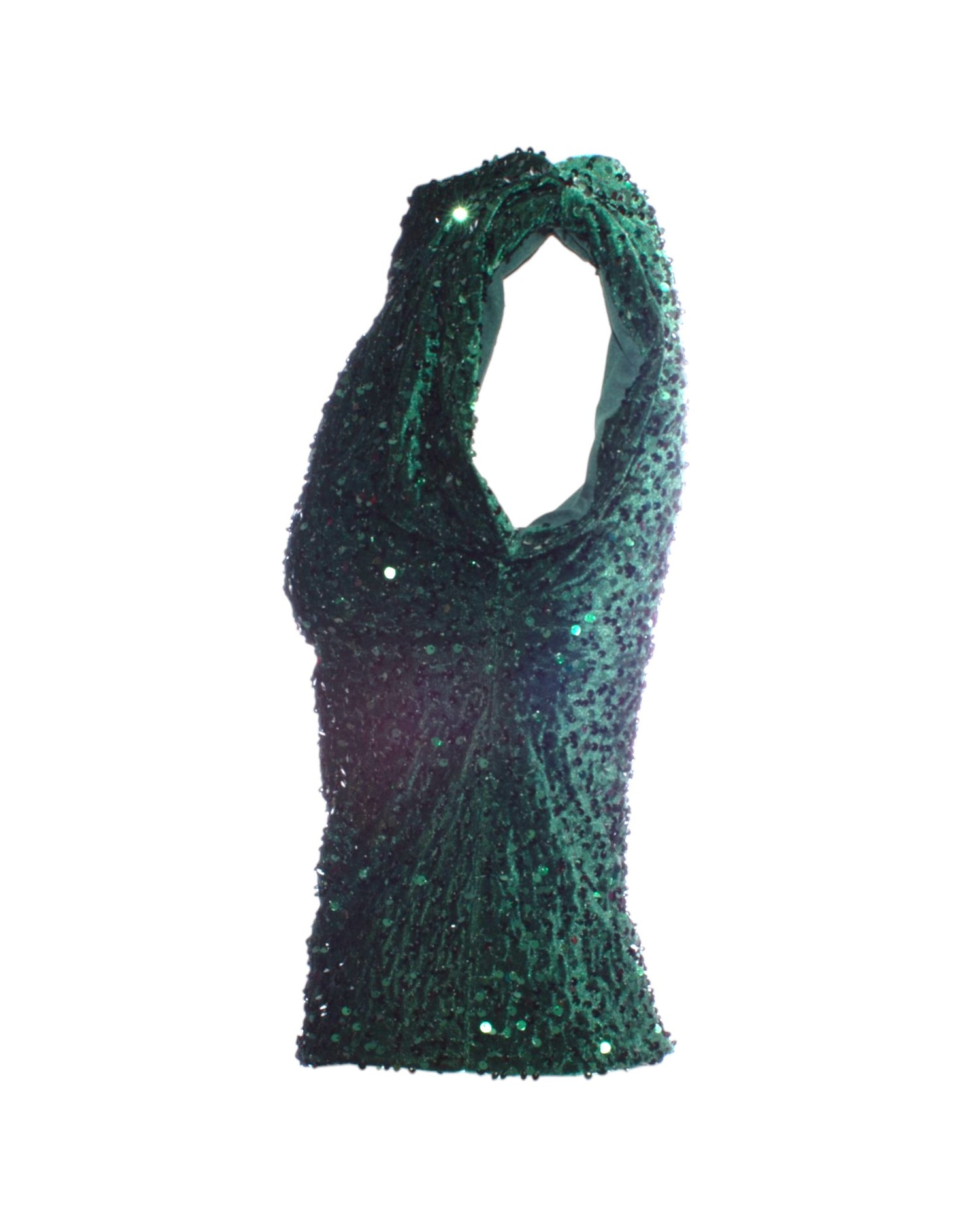Bluza verde cu paiete, vedere laterală, cu guler amplu.