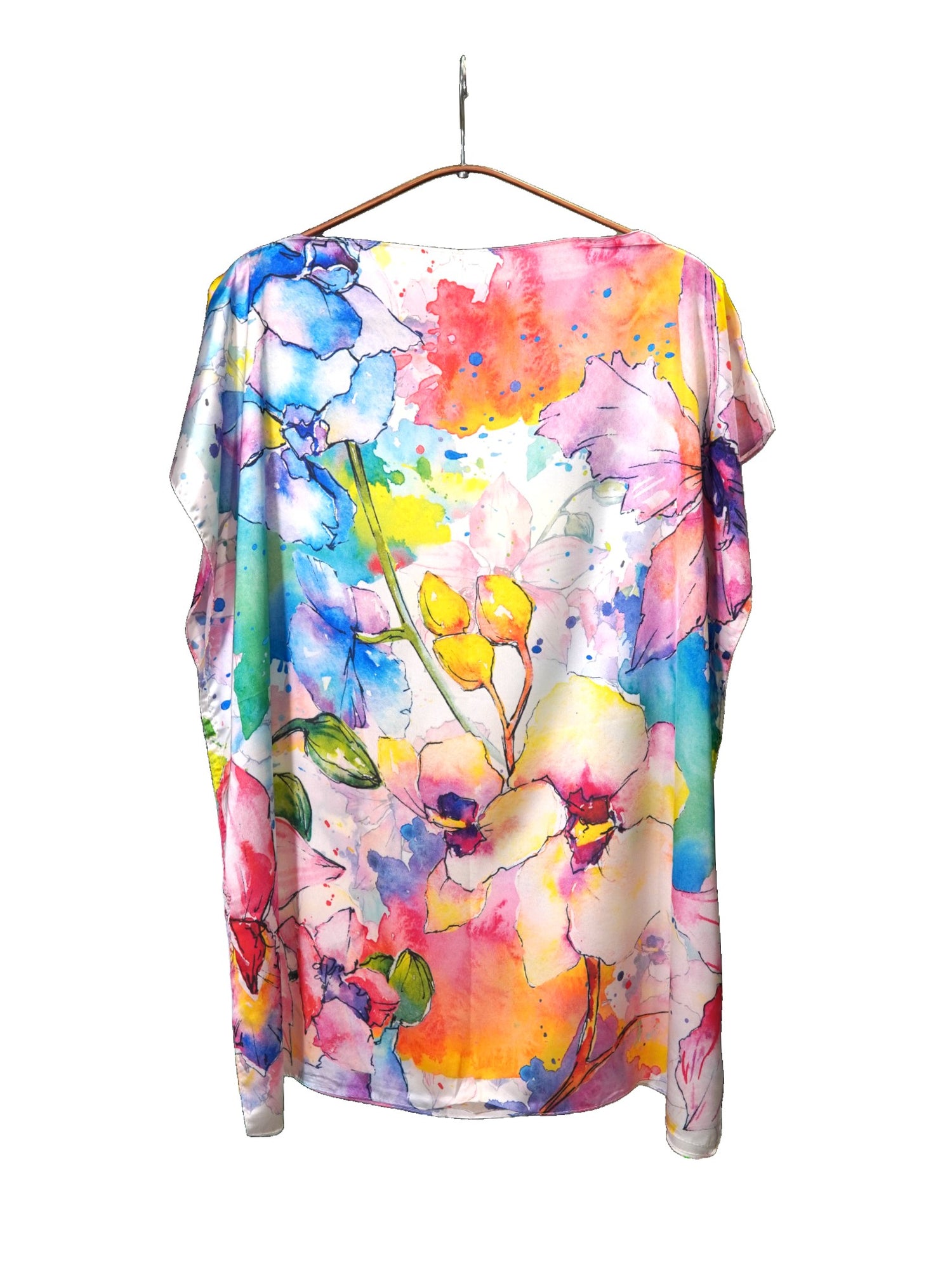 Bluză lejeră de plajă cu imprimeu floral colorat tip acuarelă în nuanțe pastel și vii