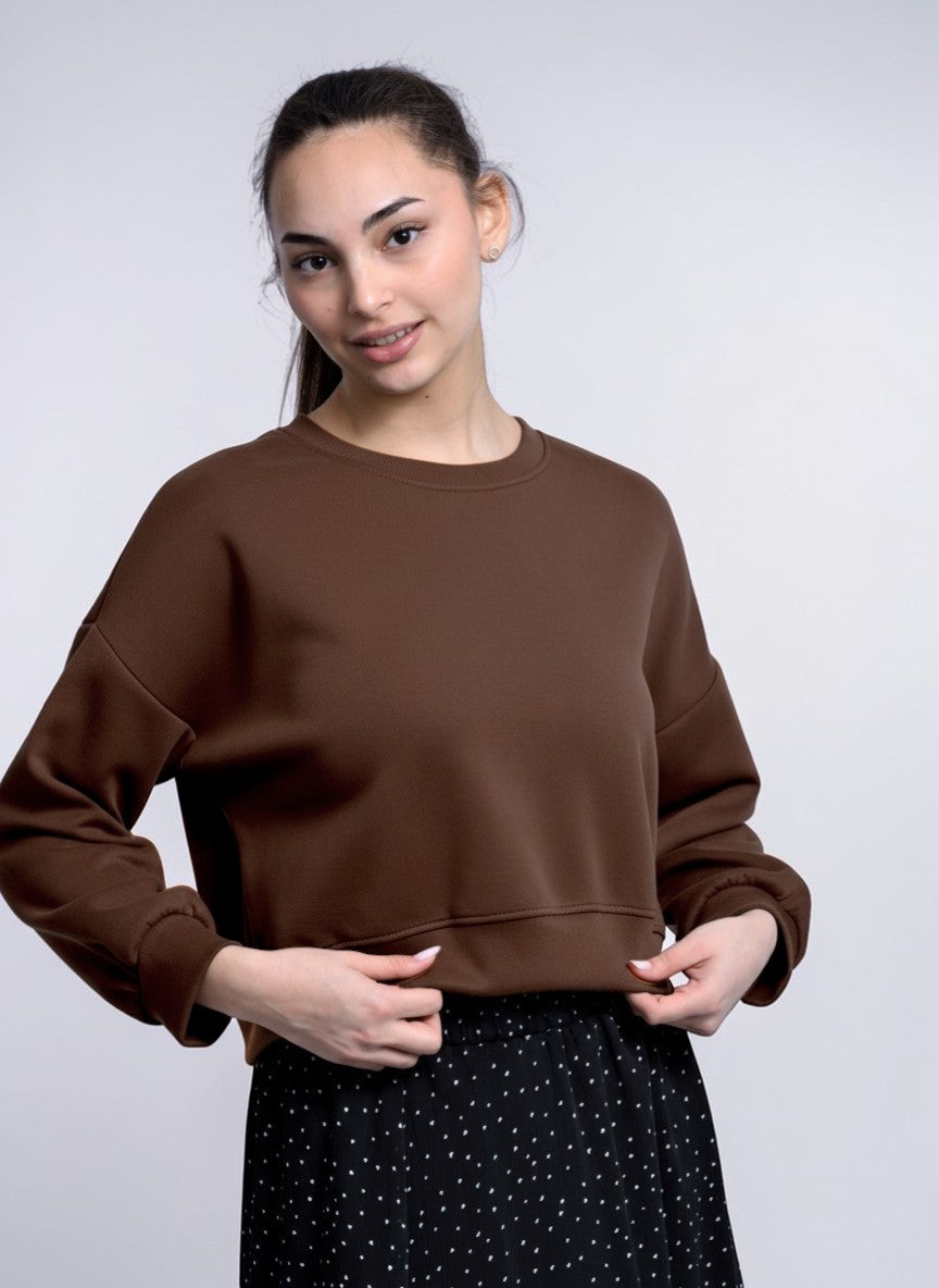 Bluză tip sweatshirt maro cu mânecă lungă și manșetă elastică, vedere din față
