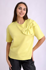 Detaliu al fundei decorative de pe mânecă la bluza galbenă din material moale.