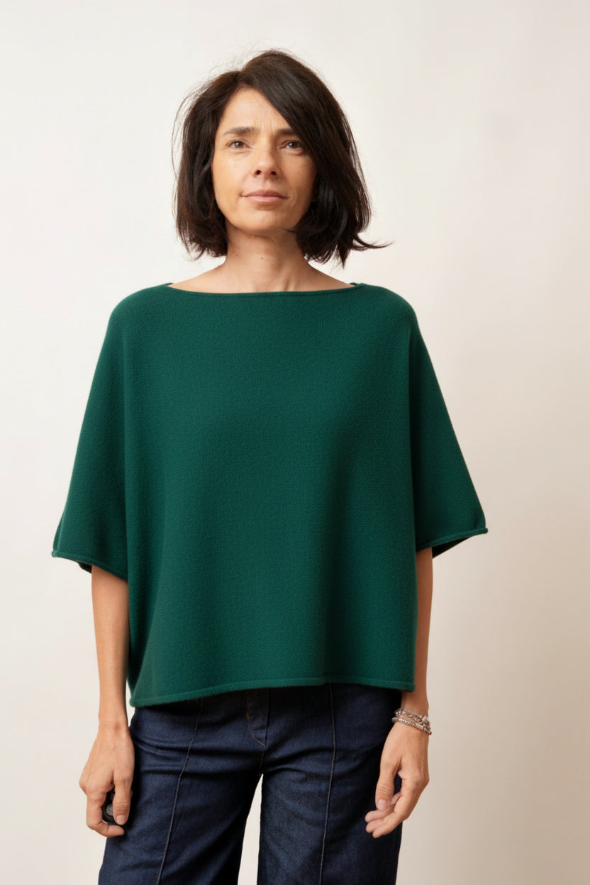 Bluză din tricot moale verde inchis, cu croială dreaptă și umeri căzuți