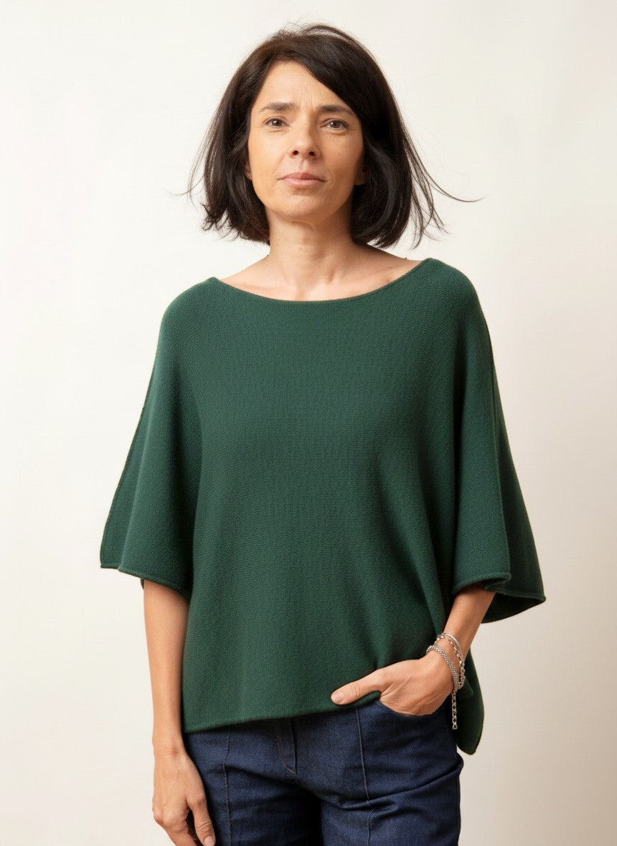 Bluză din tricot moale verde inchis, cu croială dreaptă și umeri căzuți