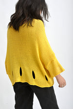 Spatele unei bluze galbene tricotate cu rupturi decorative și textură aerată, stil casual modern