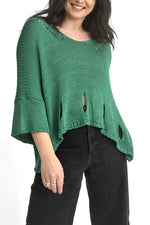 Bluză tricotată verde cu rupturi decorative și croială lejeră, cu mâneci largi și design modern