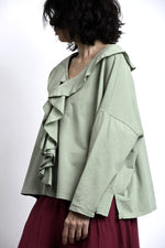 Prim-plan pe volanele frontale ale bluzei verde salvie, volum delicat și textură netedă, potrivită pentru layering.