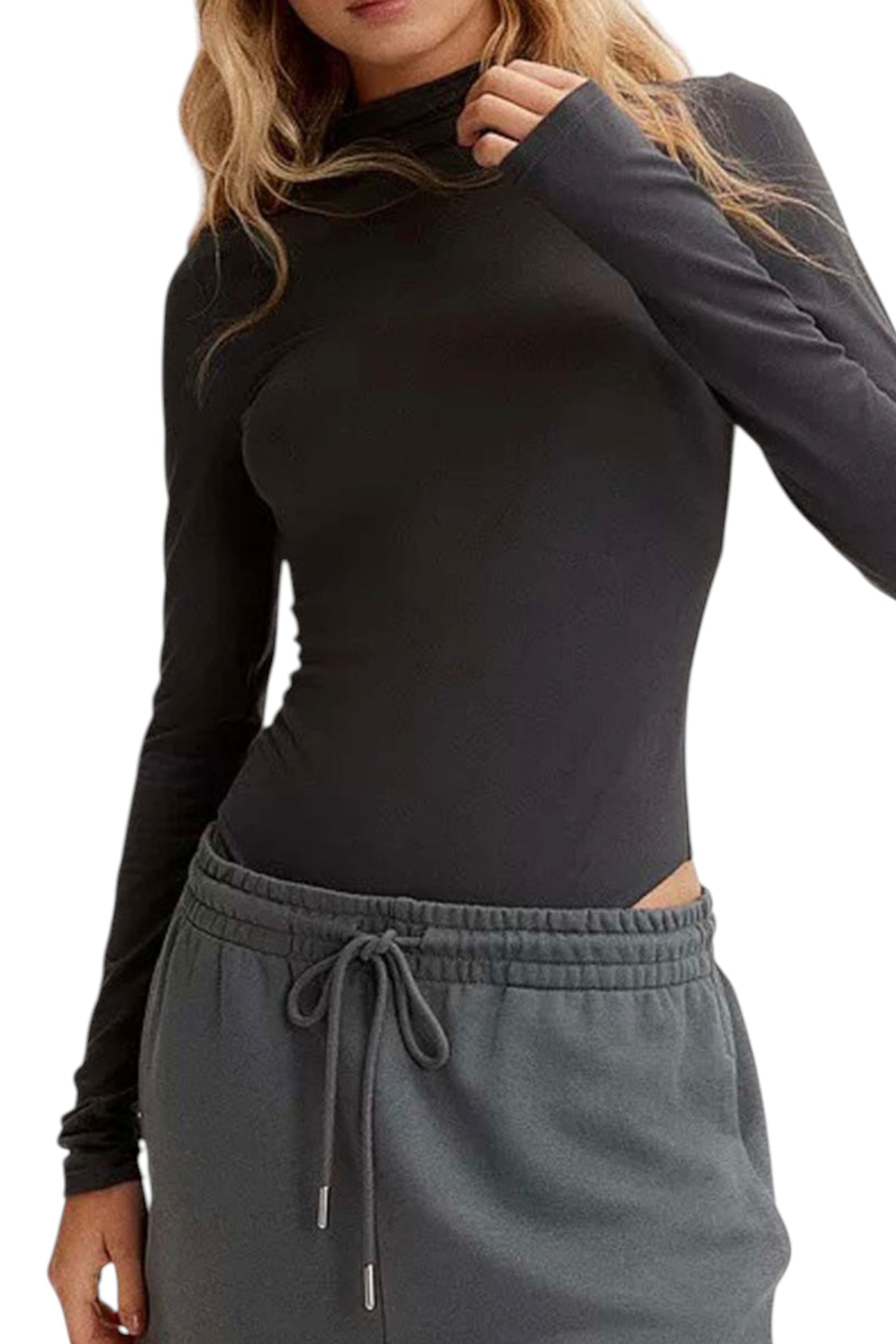Body negru din viscoză elastică, cu guler înalt și croială mulată, perfect pentru un look elegant și confortabil.