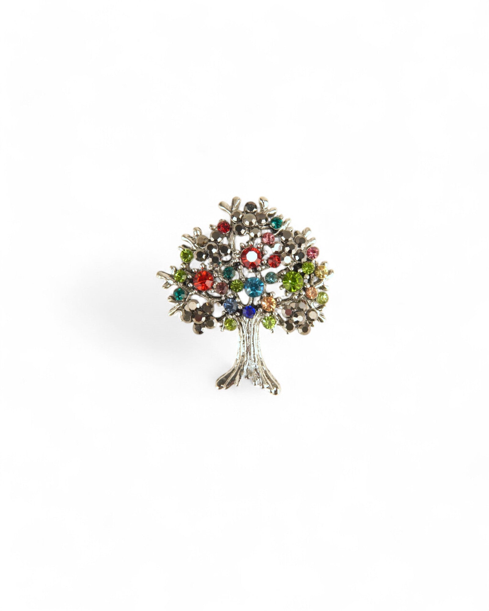 Broșă copac argintiu cu pietricele multicolore, accesoriu sofisticat și delicat.