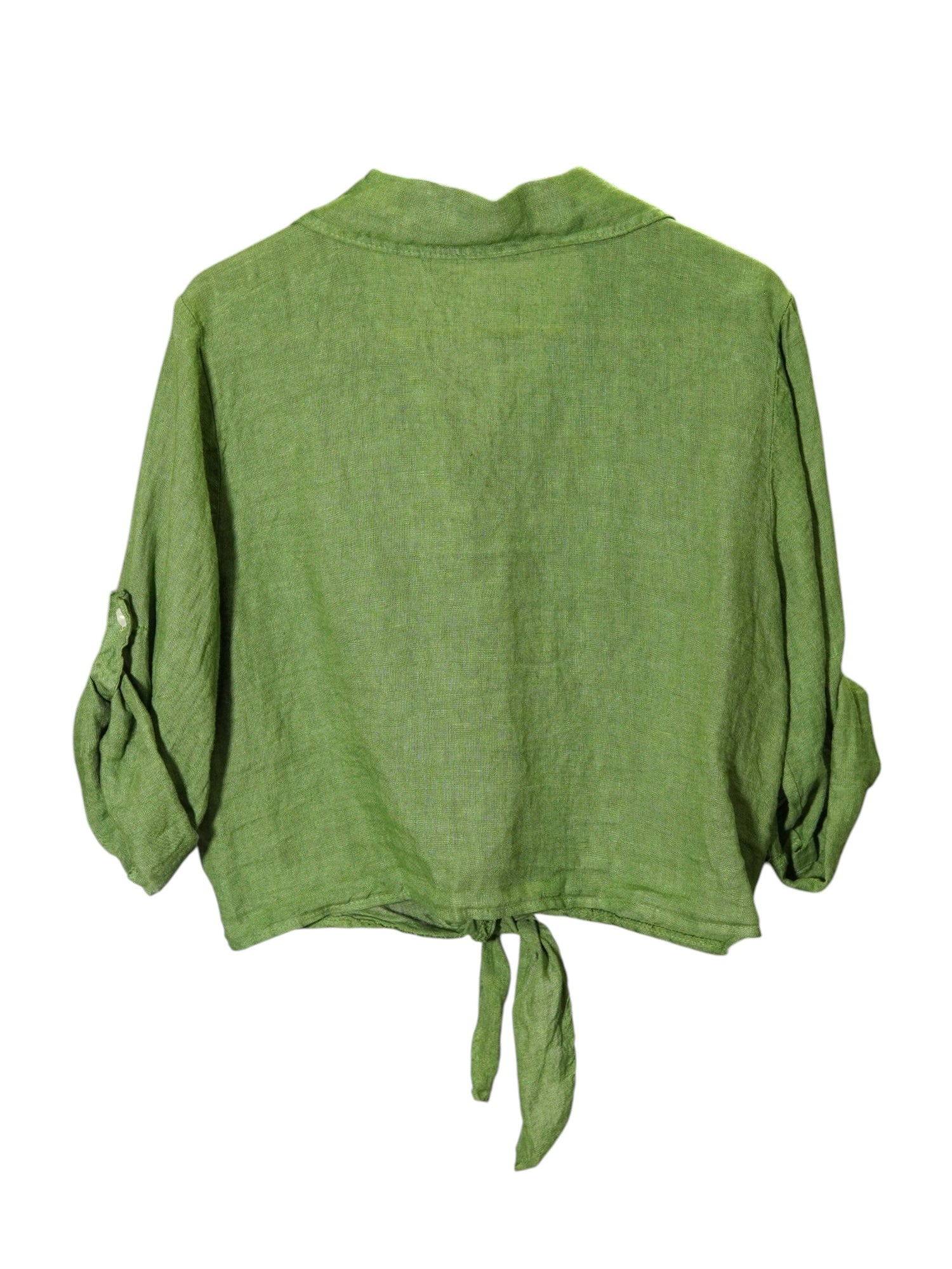 Spatele unei cămăși verzi crop-top din in, cu mâneci lungi și nod în talie