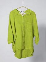 Cămașă verde fistic oversized din in, cu nasturi și detaliu inel metalic la spate — All Above Boutique.