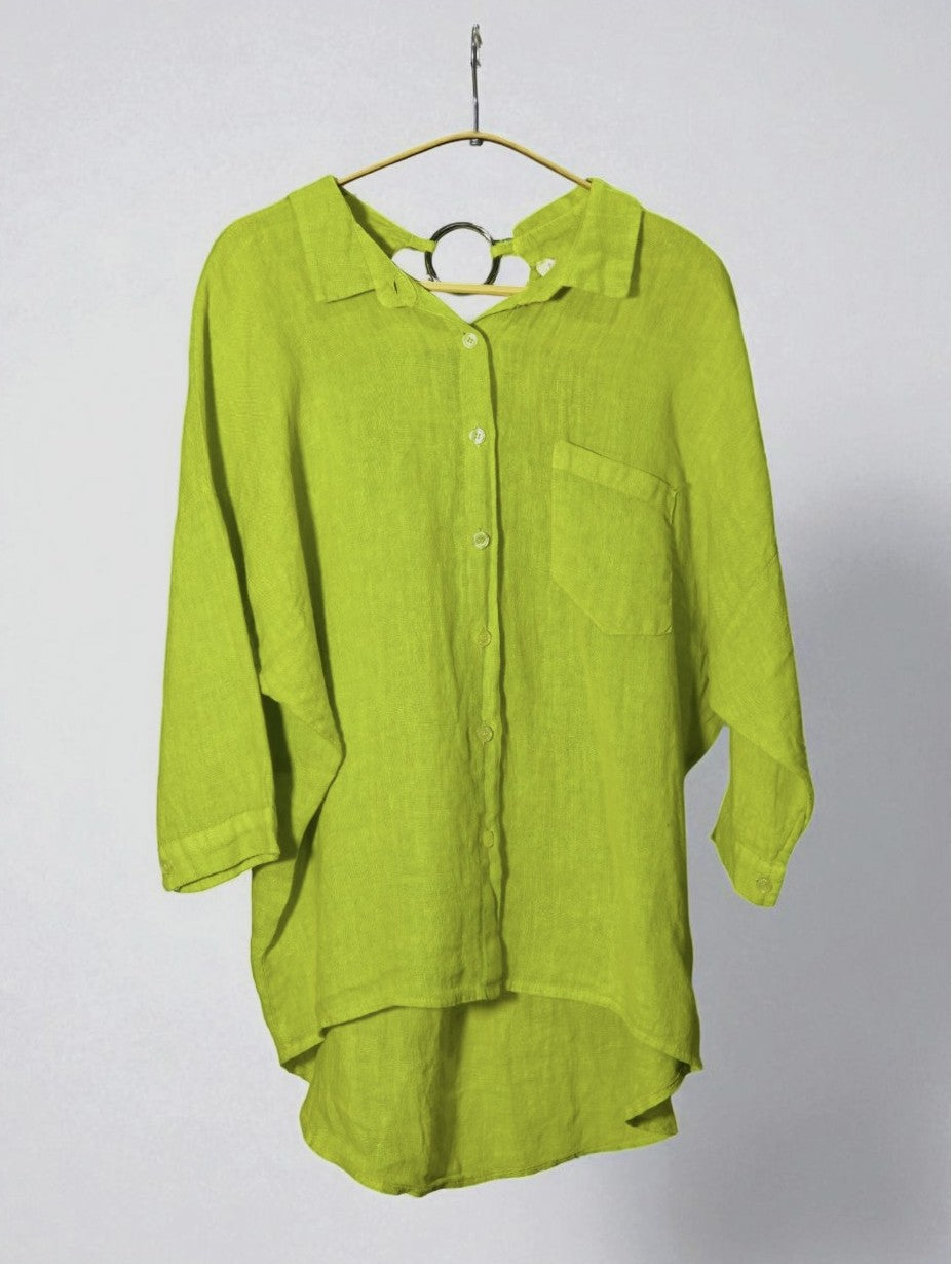Cămașă verde fistic oversized din in, cu nasturi și detaliu inel metalic la spate — All Above Boutique.