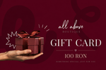 Card cadou All Above Boutique în valoare de 100 RON, design elegant premium cu fundal bordo și cutie cadou, ideal pentru cadouri speciale.