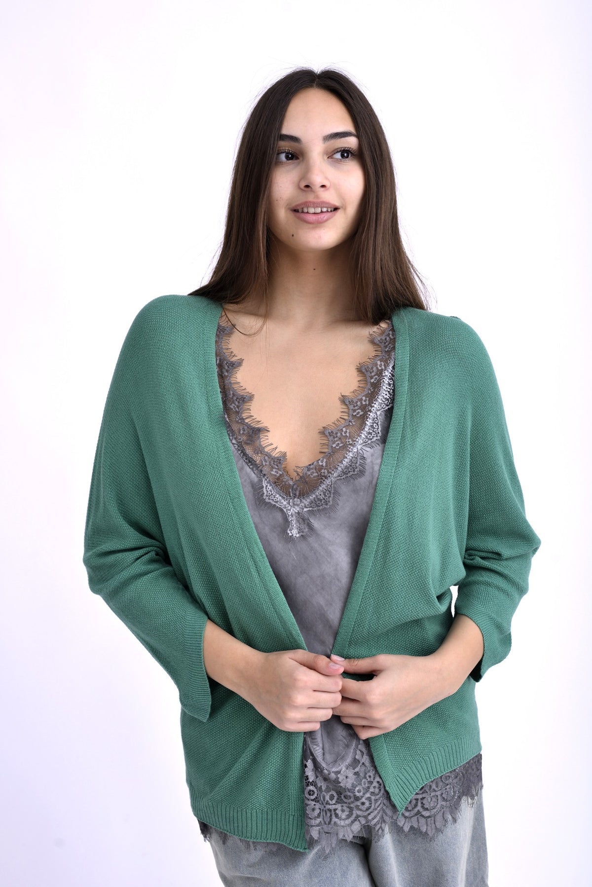 Cardigan turcoaz texturat bob de orez, fără prindere, umeri căzuți, croială oversize.