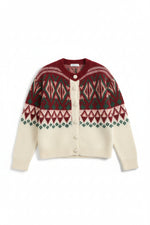 Cardigan tricotat pufos cu model nordic, vedere frontală, cu nasturi și finisaje rib.