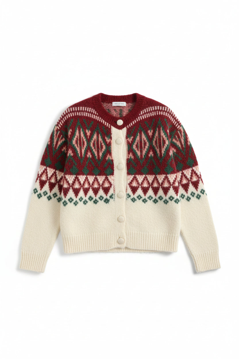 Cardigan tricotat pufos cu model nordic, vedere frontală, cu nasturi și finisaje rib.