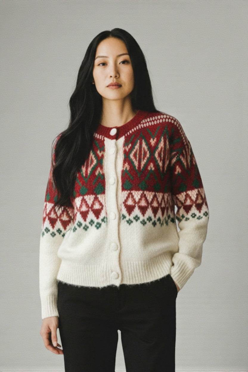 Cardigan pufos cu model nordic în nuanțe de roșu, verde și crem, purtat într-o ținută casual.