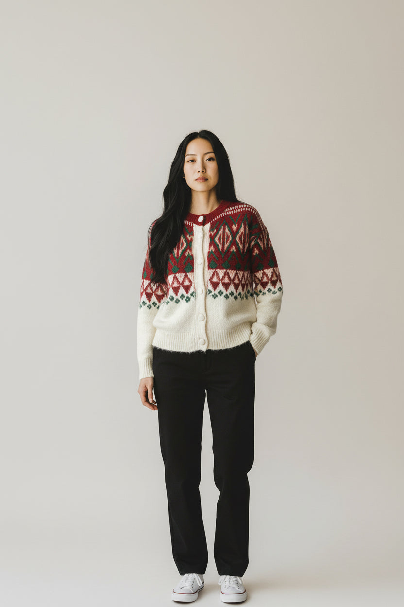 Cardigan pufos cu model nordic, purtat cu pantaloni simpli pentru un look de zi.