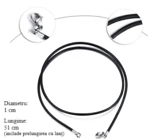 Colier sau brățară din piele neagră, ajustabilă, cu sistem de închidere inox argintiu.