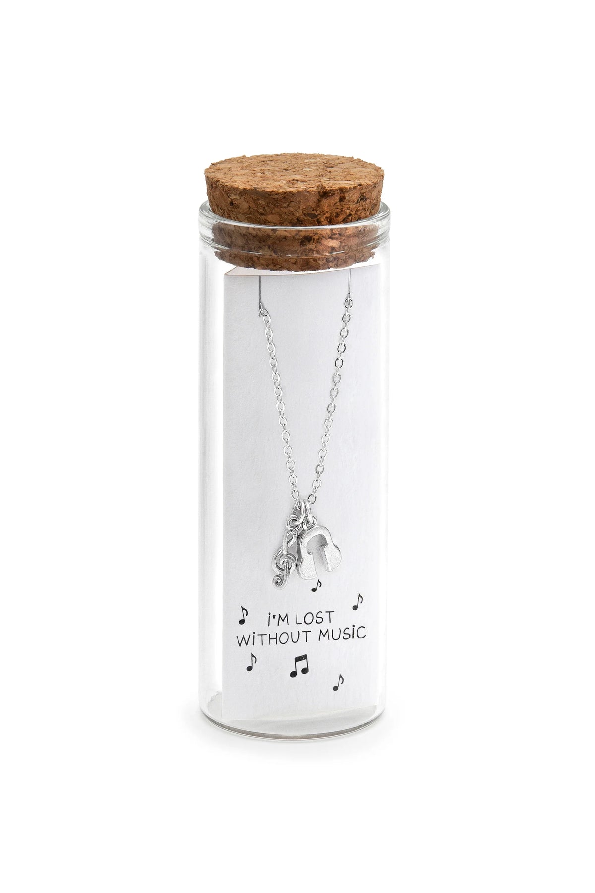 Colier placat cu argint „Lost Without Music” în formă de căști și notă muzicală