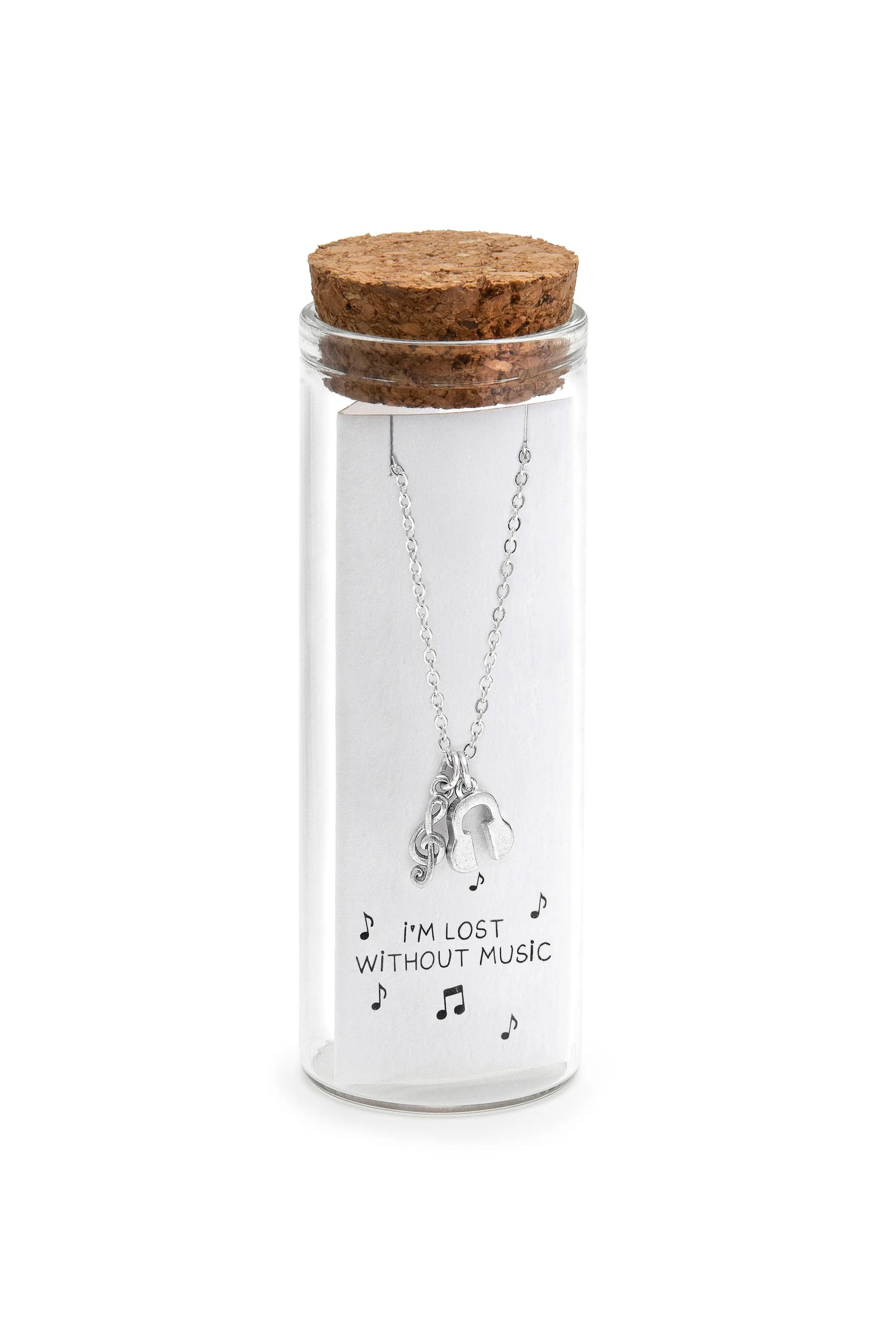 Colier placat cu argint „Lost Without Music” în formă de căști și notă muzicală