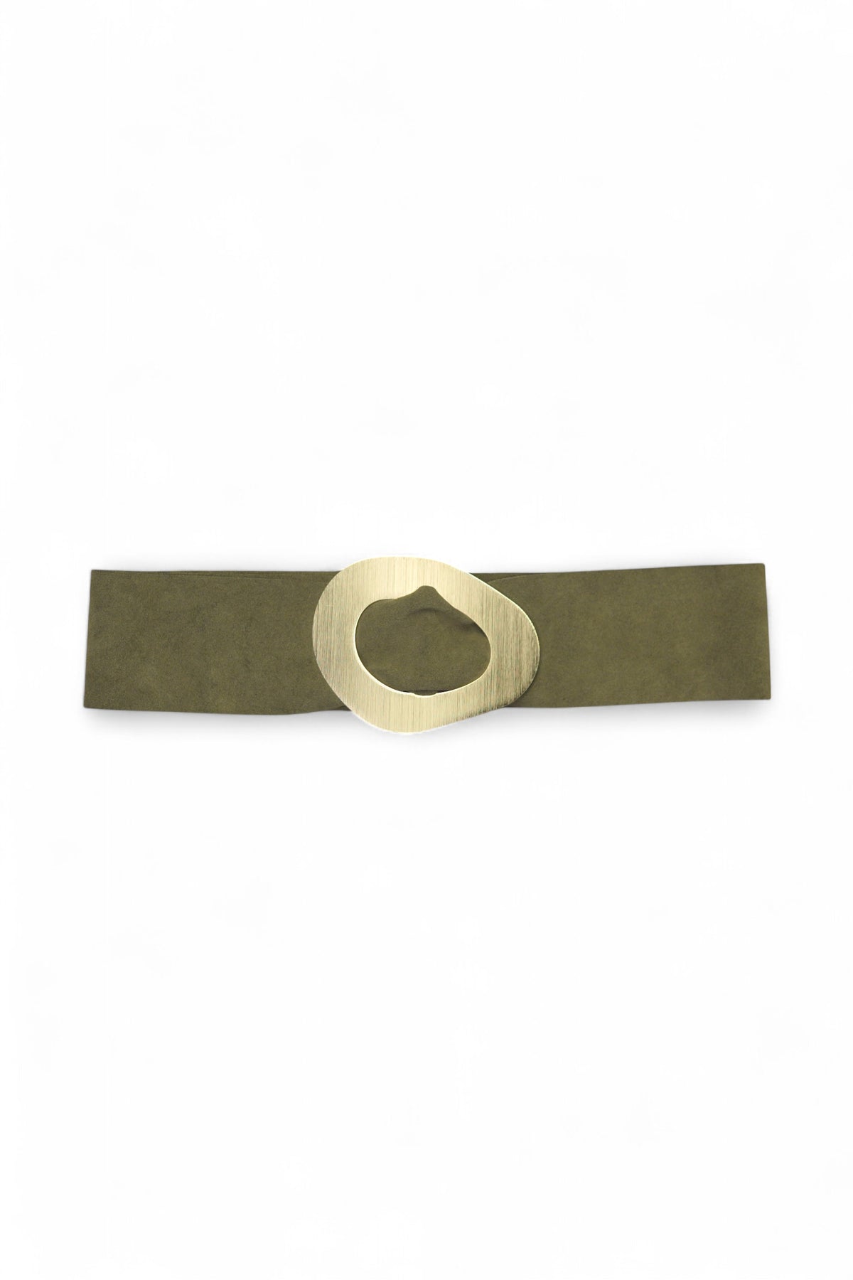 Curea lată de culoare verde militar, cu cataramă metalică auriu cu finisaj mat și design fluid.