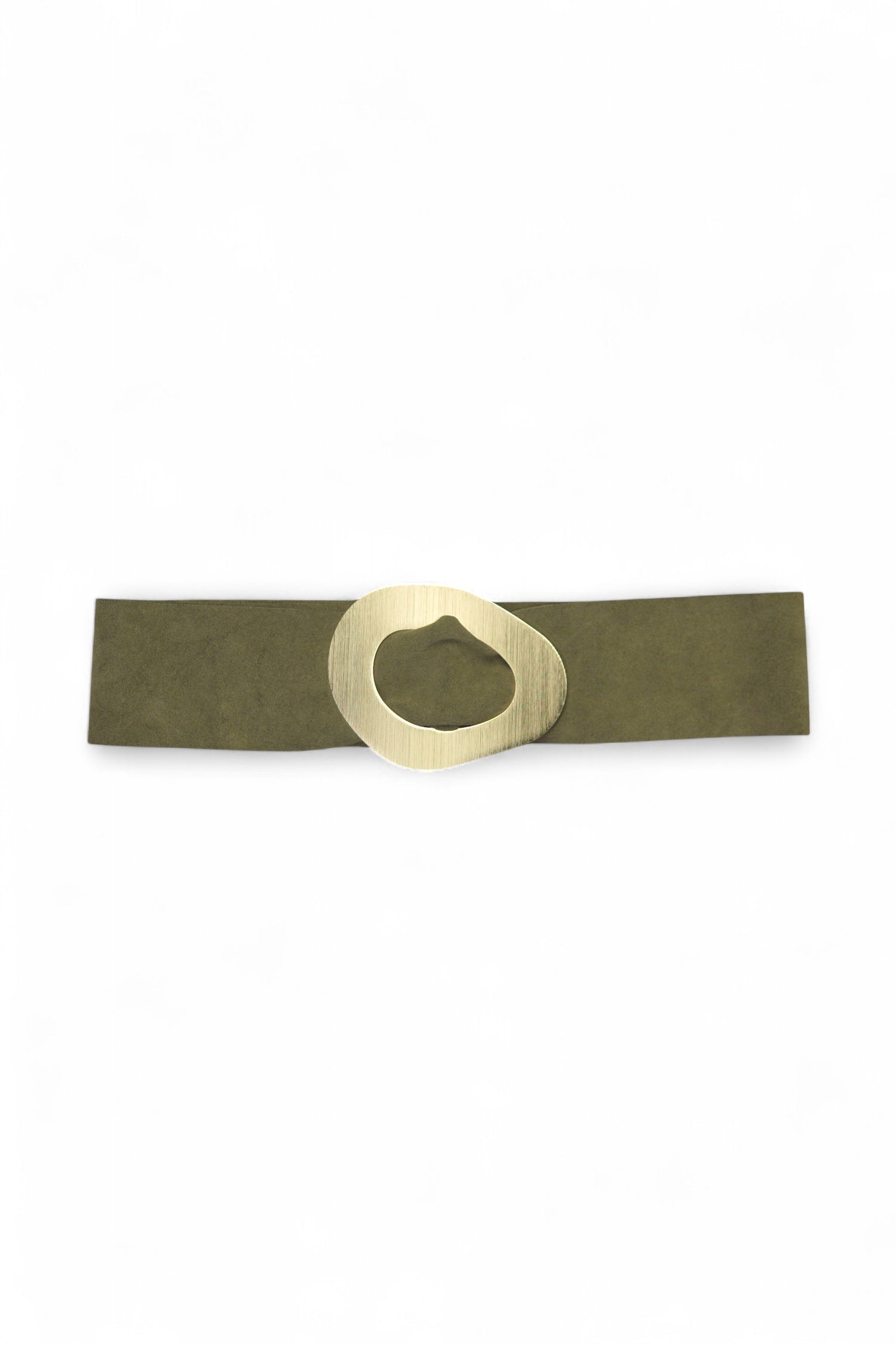 Curea lată de culoare verde militar, cu cataramă metalică auriu cu finisaj mat și design fluid.