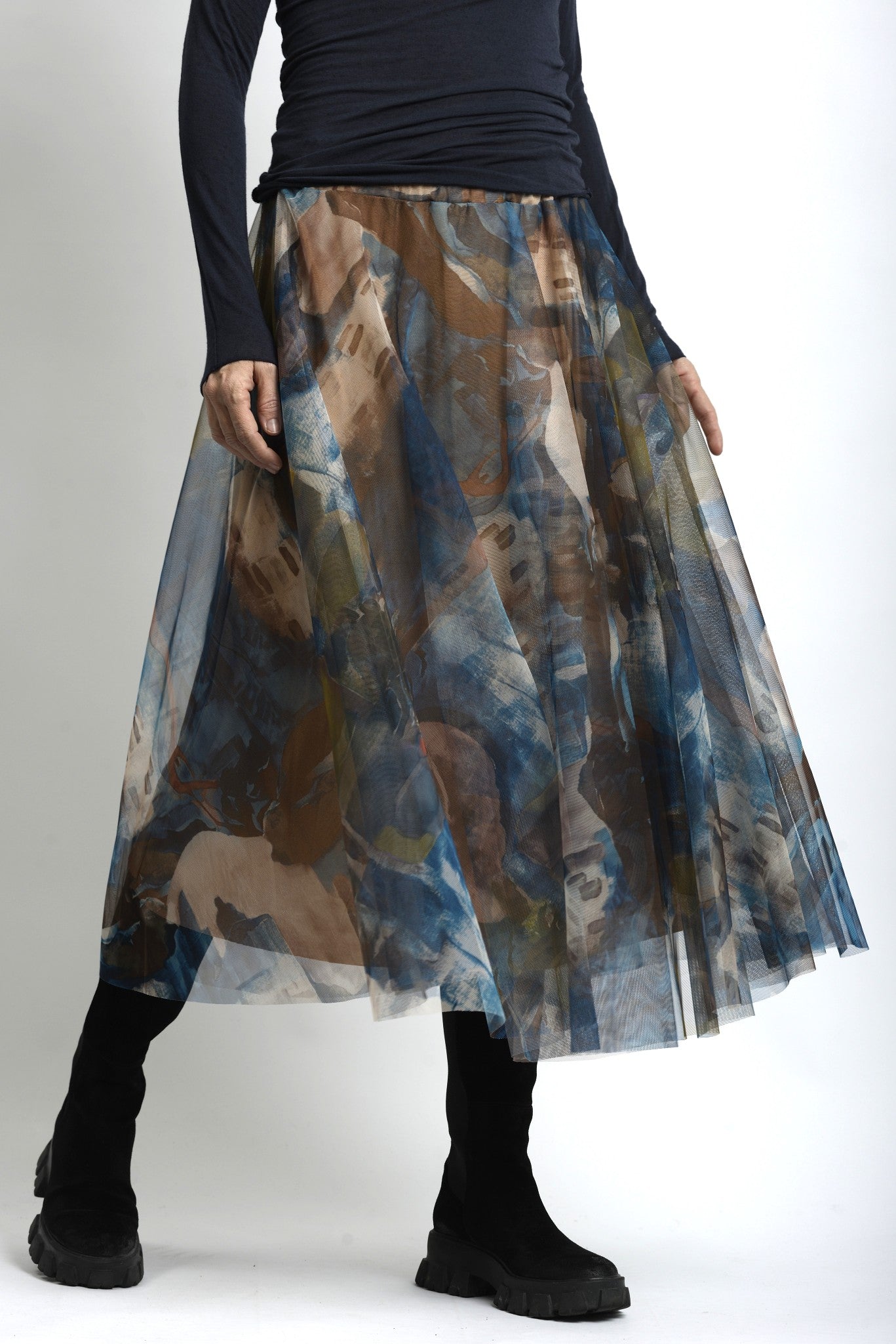 Fustă Midi Din Tul Cu Imprimeu În Ape Colorate - Talie Elastică - Cădere Fluidă