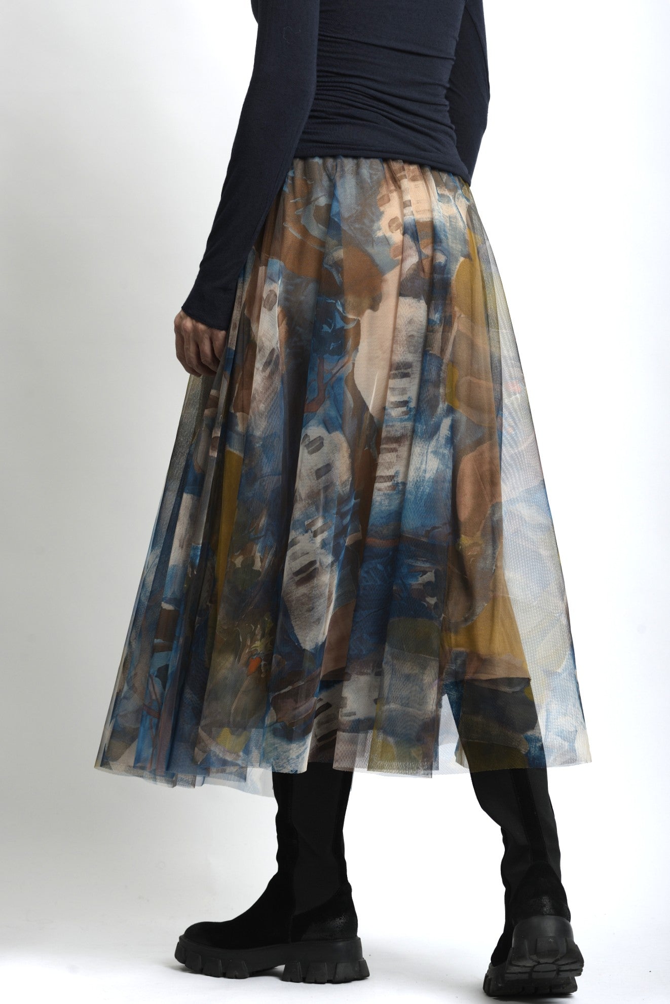 Fustă Midi Din Tul Cu Imprimeu În Ape Colorate - Talie Elastică - Cădere Fluidă