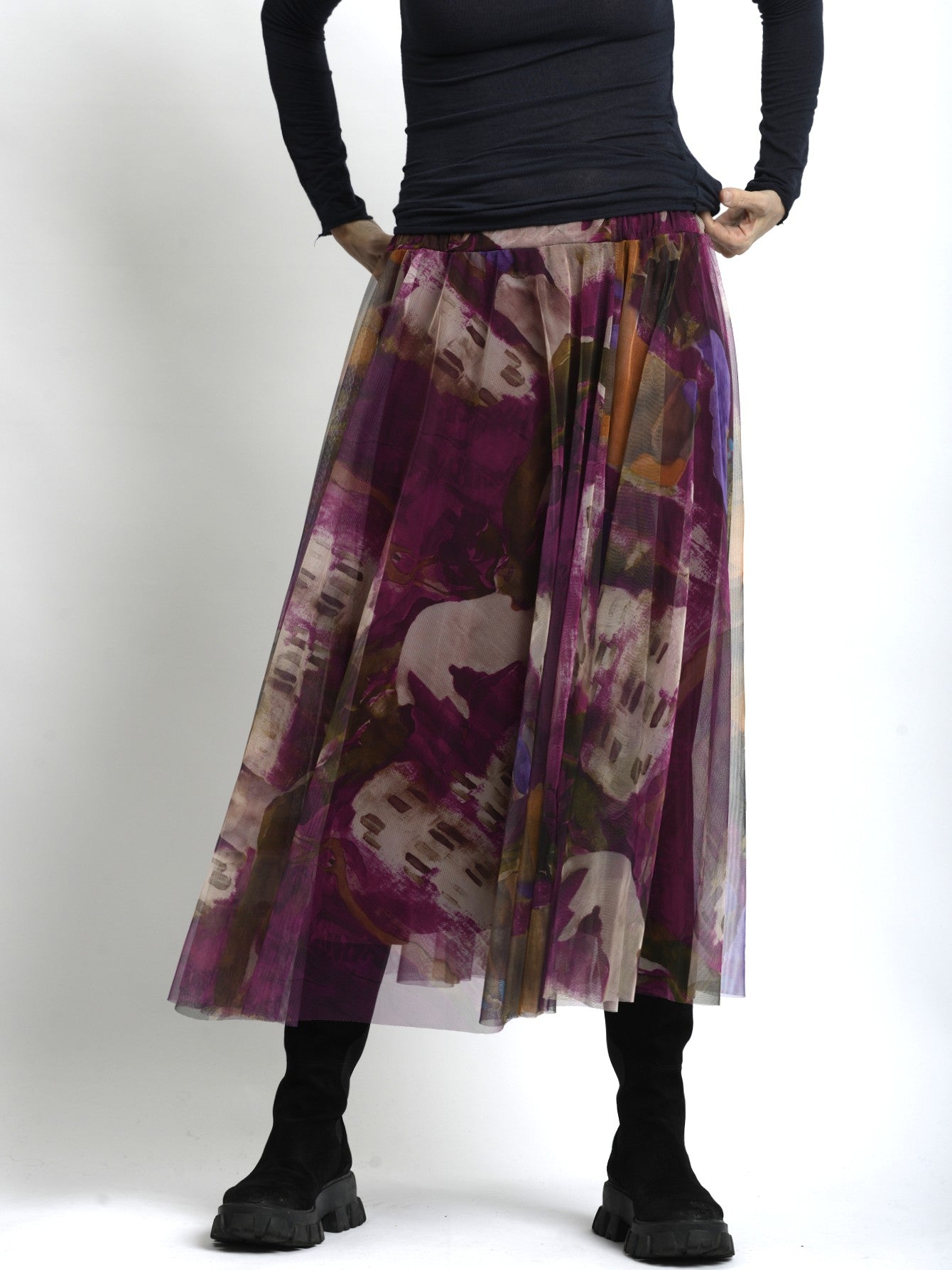 Fustă Midi Din Tul Cu Imprimeu În Ape Colorate - Talie Elastică - Cădere Fluidă