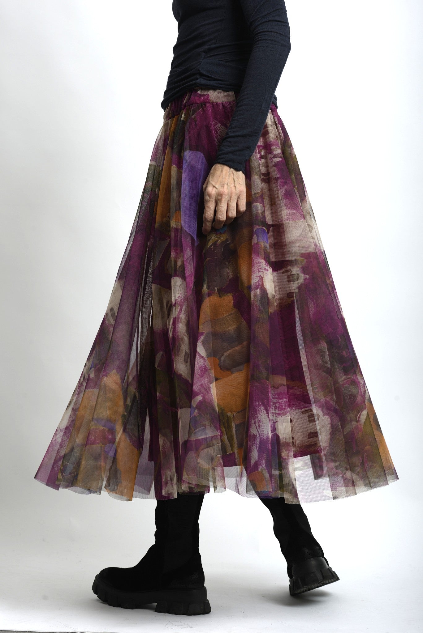 Fustă Midi Din Tul Cu Imprimeu În Ape Colorate - Talie Elastică - Cădere Fluidă