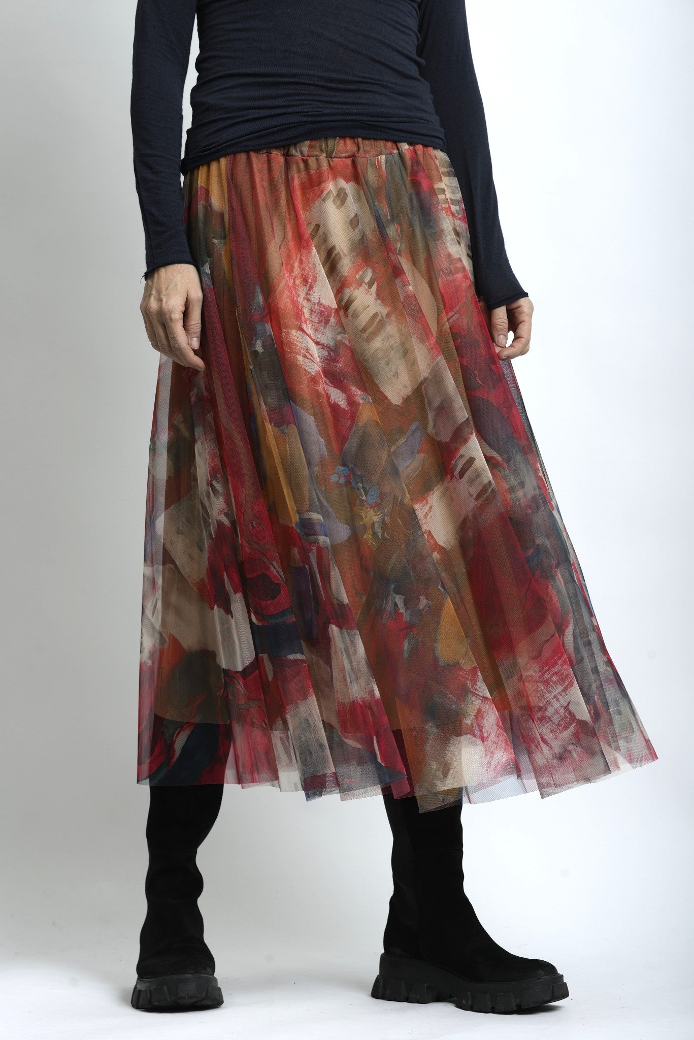 Fustă Midi Din Tul Cu Imprimeu În Ape Colorate - Talie Elastică - Cădere Fluidă