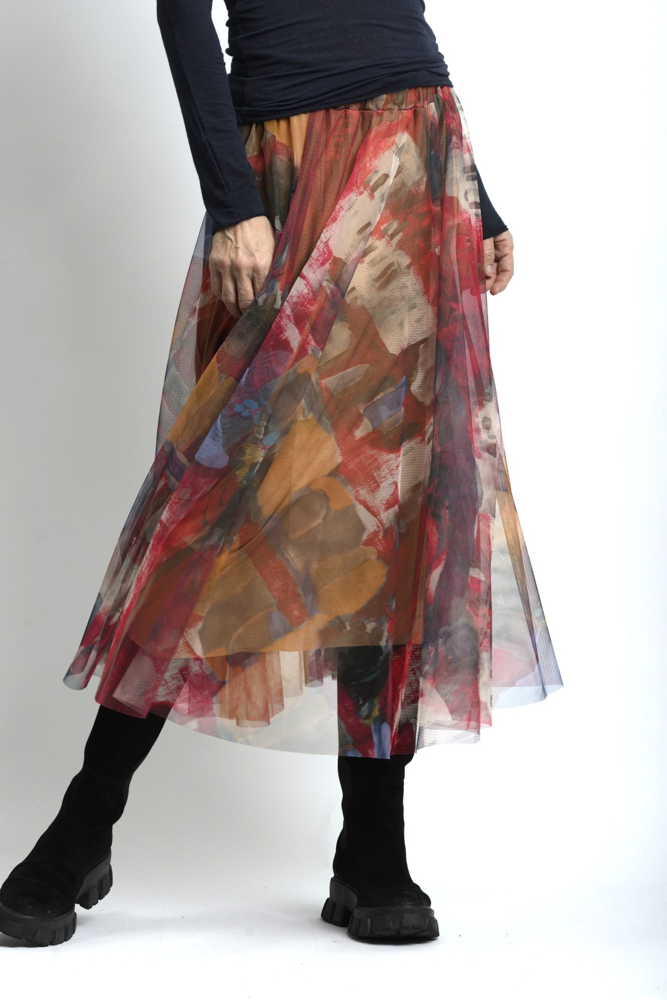 Fustă Midi Din Tul Cu Imprimeu În Ape Colorate - Talie Elastică - Cădere Fluidă