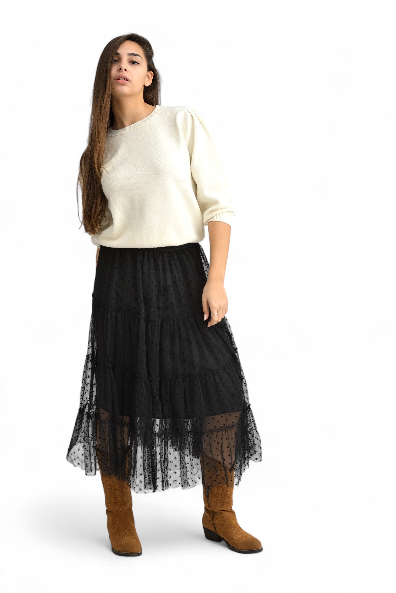 Fustă Midi Din Tull Negru Cu Buline Mici Catifelate