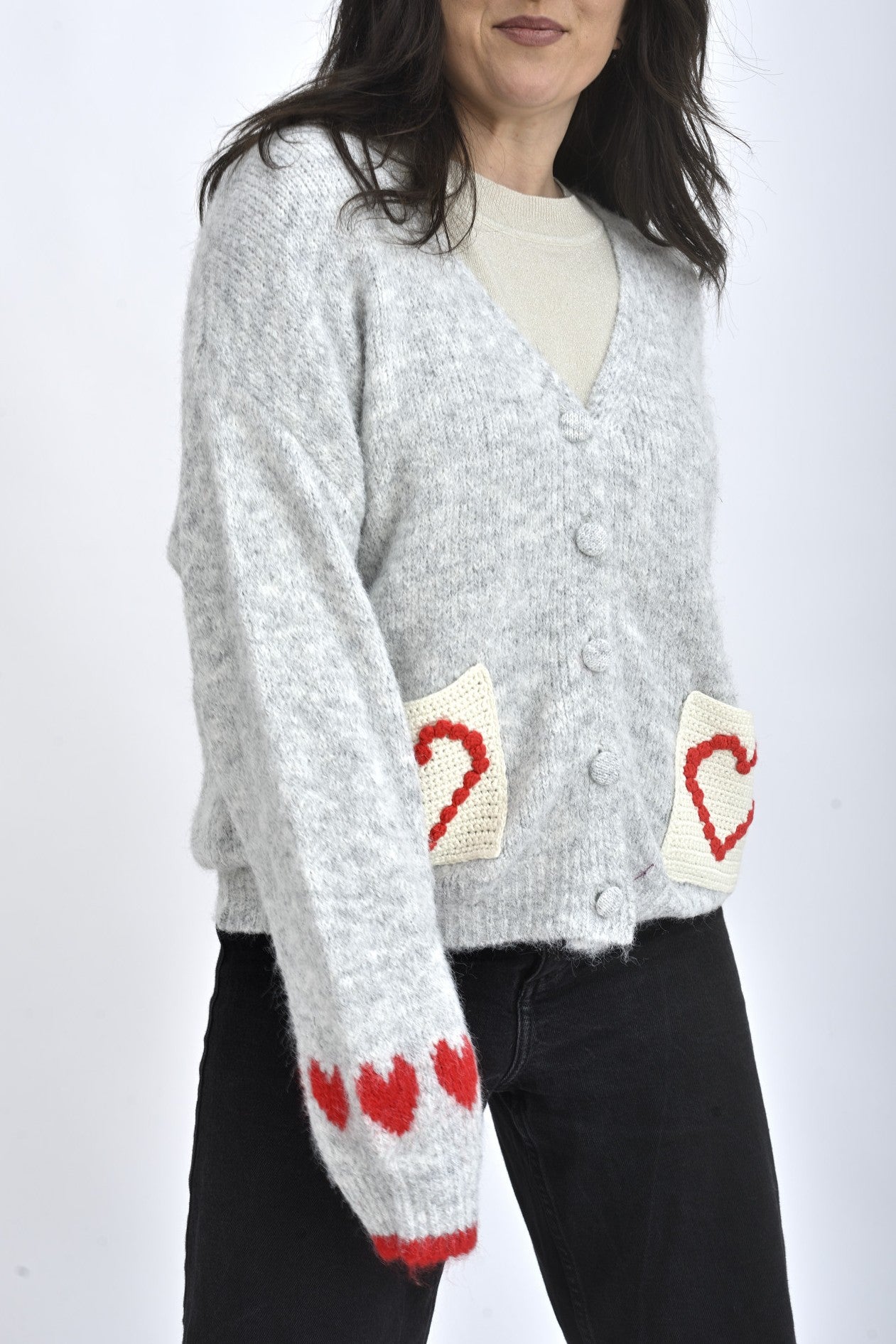 Cardigan Tricotat Cu Inimi Decorative