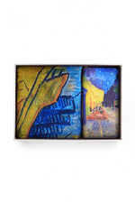 Eșarfă vaporoasă cu imprimeu artistic inspirat din pictura „Cafe Terrace”, în culori vibrante.