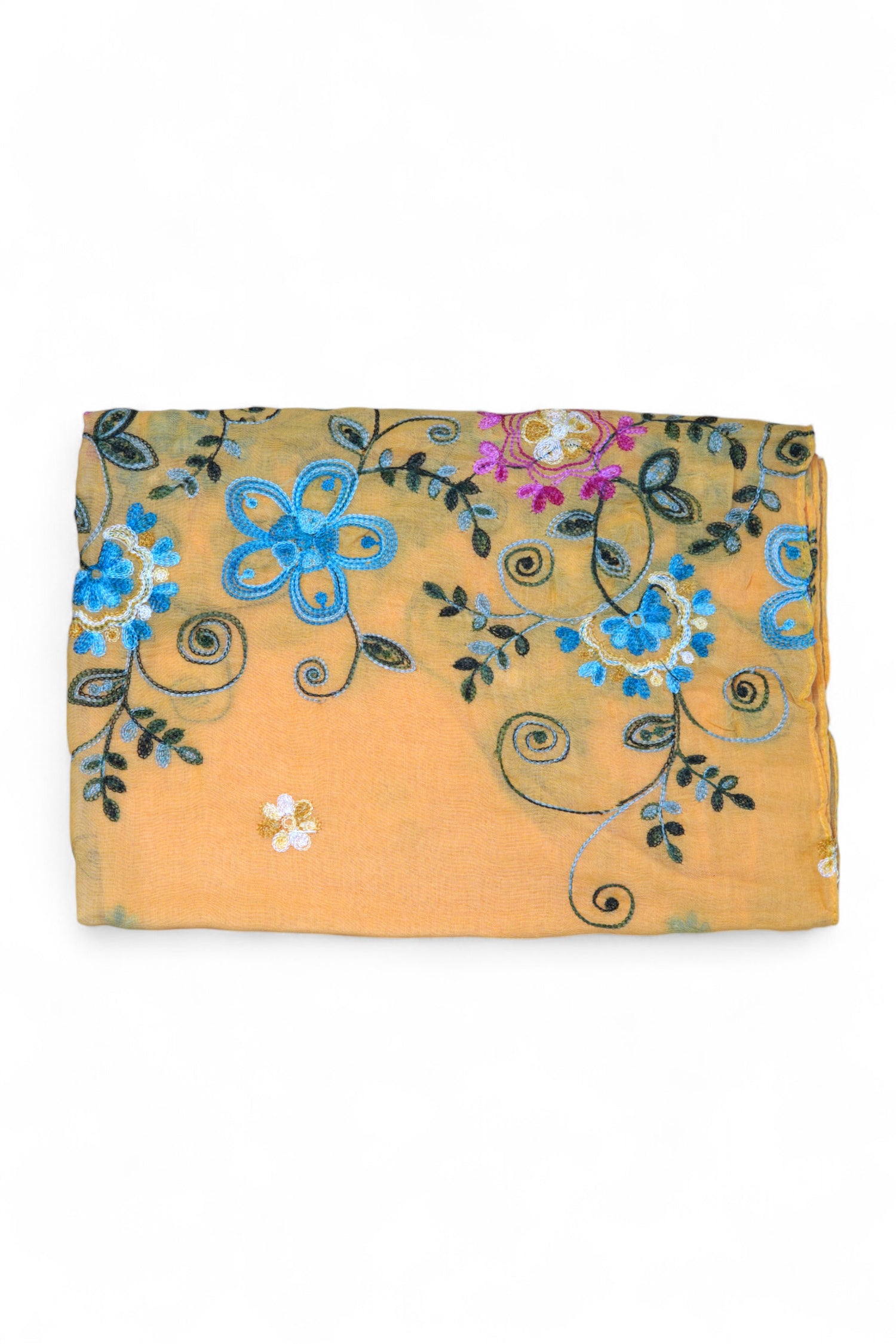 Eșarfă muștar din vâscoză, broderie florală colorată.