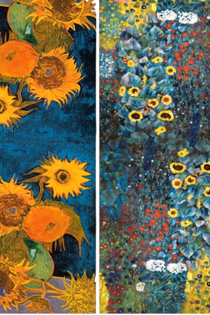 Eșarfă cu două fețe din cașmir și viscoză, cu imprimeu artistic în nuanțe de albastru și galben, reprezentând flori și floarea-soarelui.