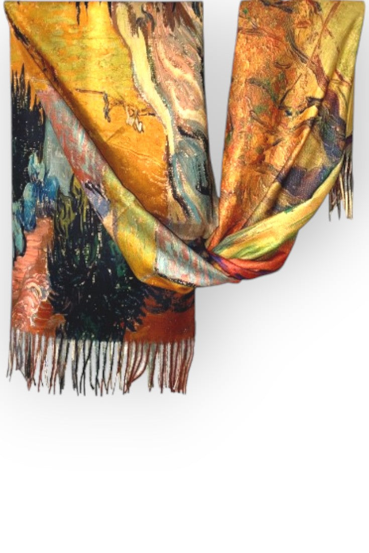 Eșarfă cu două fețe din cașmir și viscoză, cu imprimeu artistic abstract în nuanțe de galben, portocaliu și albastru.