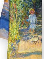 Eșarfă cu două fețe din cașmir și viscoză, cu imprimeu artistic reprezentând un peisaj acvatic și grădină în tonuri de albastru și verde.