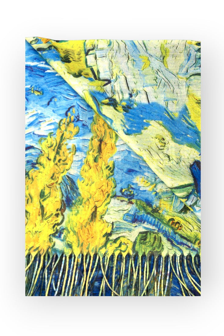 Eșarfă cu două fețe din cașmir și viscoză, cu imprimeu artistic reprezentând flori galbene pe fundal albastru ceresc.