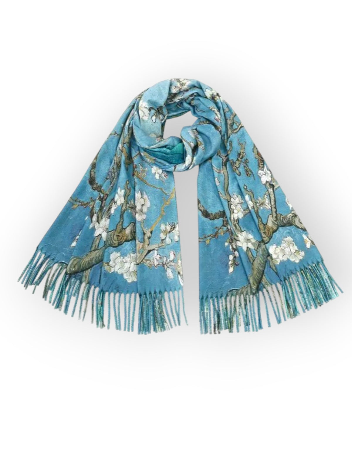 Eșarfă cu două fețe din cașmir și viscoză, cu imprimeu artistic floral în tonuri de albastru și verde pastel.