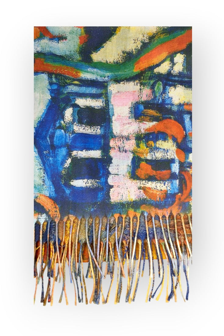 Eșarfă cu două fețe din cașmir și viscoză, cu imprimeu artistic abstract în nuanțe de albastru și portocaliu.